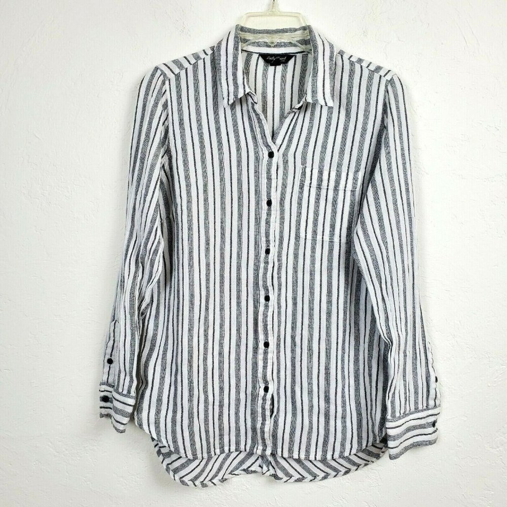 Lucky Brand Womens Button Front Shirt M Black White Striped Gauze High Low Hem